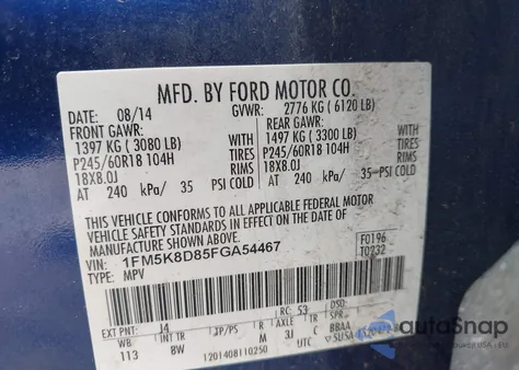 2015 Ford Explorer Xlt из США, поврежденный, VIN 1FM5K8D85FGA54467